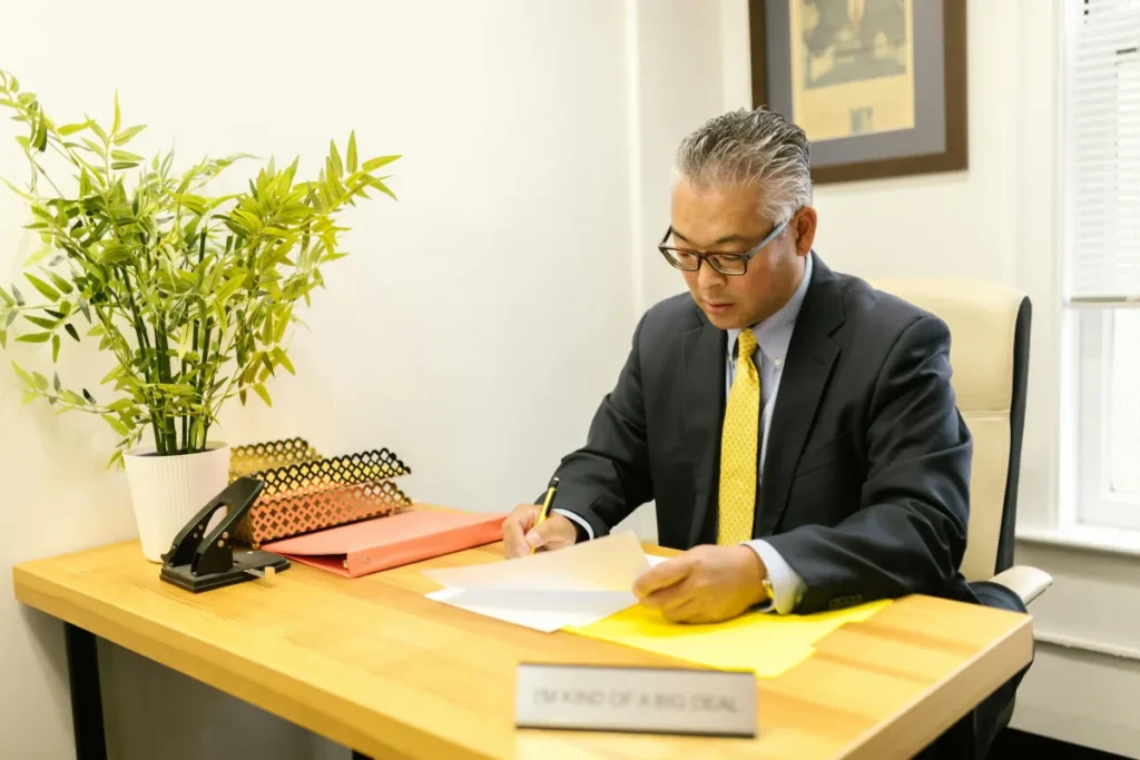 Staf administrasi pria bekerja di meja kantor dengan dokumen dan komputer